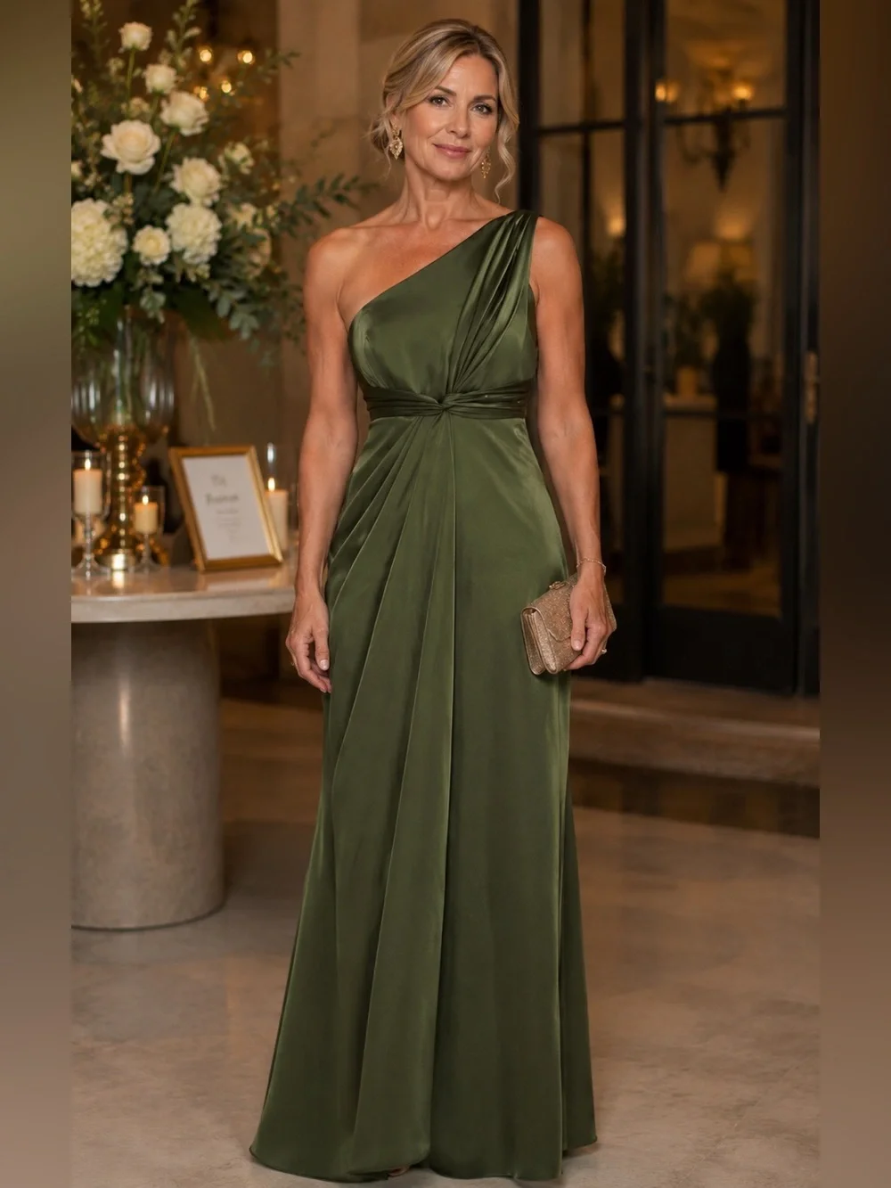 olive green mother of the bride dresses Olive Green Bridal Mother's Dress A-Line Ankle-Length Mother of the Groom Gowns for Women One Shoulder Wedding Guest Dresses main image 0